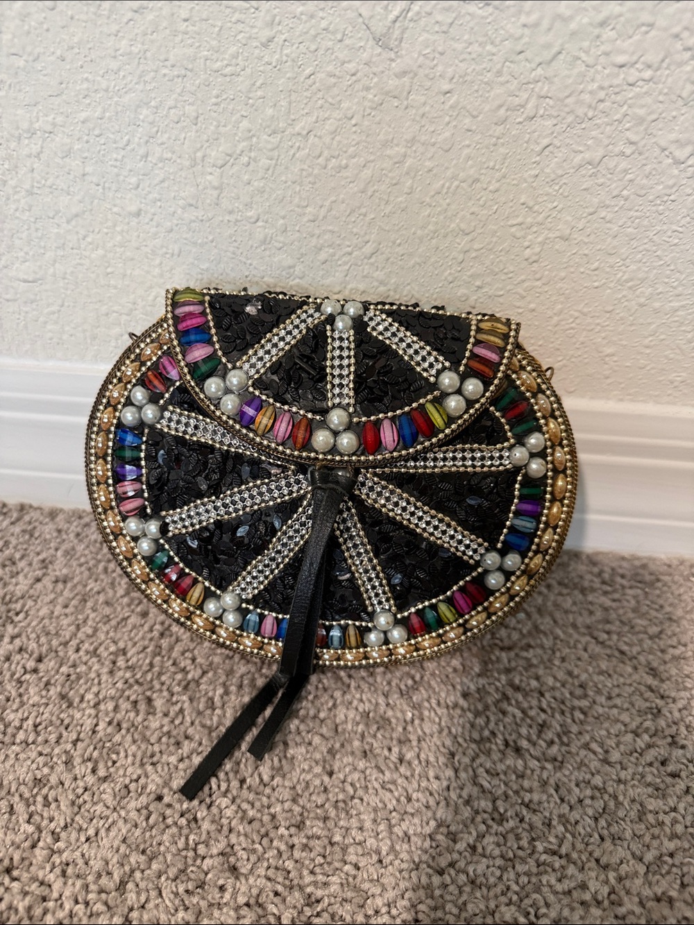 Lulu Embellished Black Half-Moon Beaded Clutch